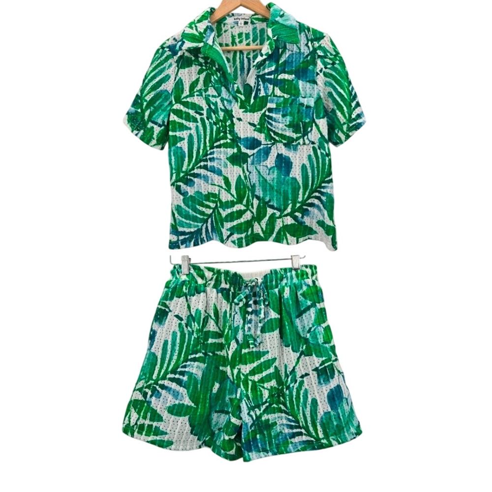 Kathy Ireland Women Tropical Prep Dopamine Palm Leaf Eyelet Knit Short Set S